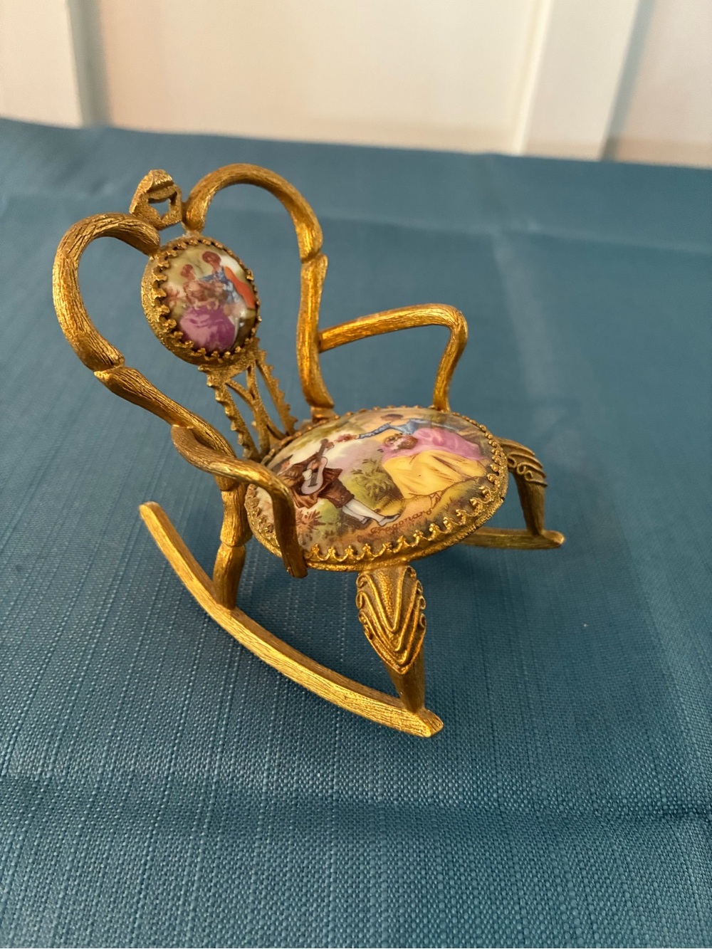 Limoges France Rocking Chair Dolls House Miniature Gilt Metal Porcelain